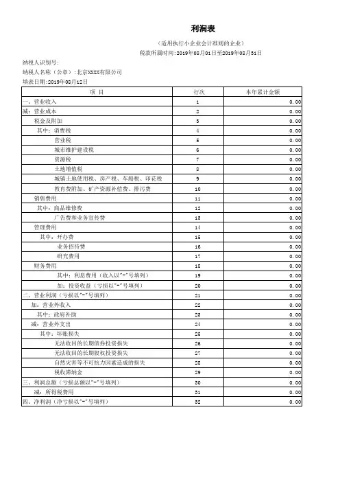 2019年新版企业财务报表——利润表_月报(适用执行小企业会计准则的企业)零申报模板