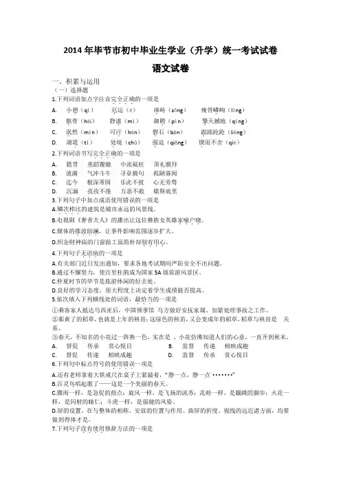 2014年贵州省毕节市中考语文试题及答案