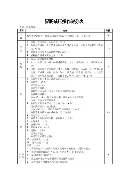 胃肠减压操作评分表