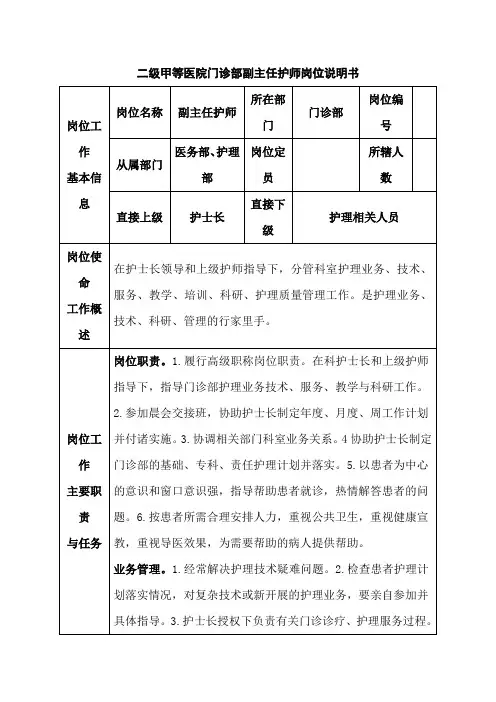 二级甲等医院门诊部副主任护师岗位说明书
