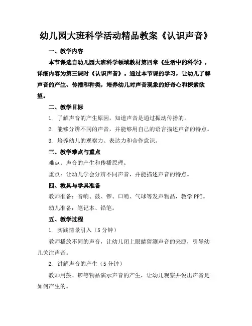 幼儿园大班科学活动精品教案《认识声音》