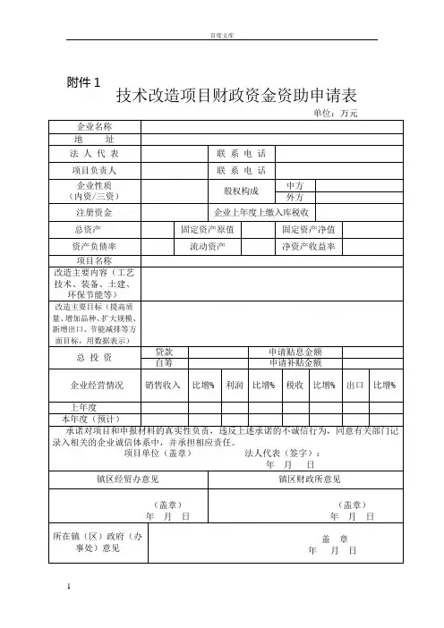 技术改造项目财政资金资助申请表