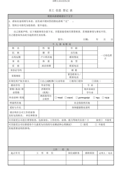 招聘人员信息登记表