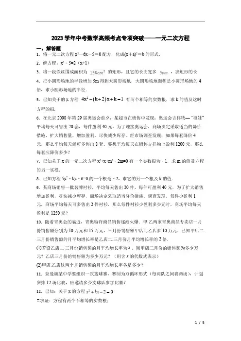 2023学年中考数学高频考点专项突破——一元二次方程