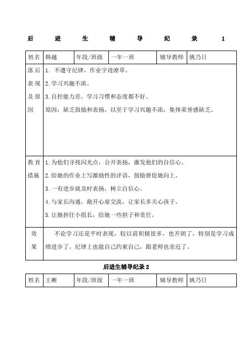 后进生辅导记录