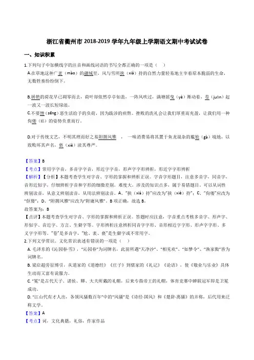 浙江省衢州市2018-2019学年九年级上学期语文期中考试试卷(解析版)