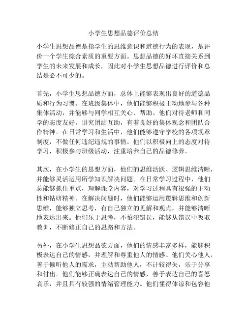 小学生思想品德评价总结