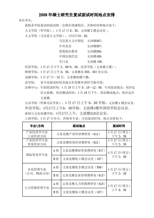 2009年硕士研究生复试面试时间地点安排