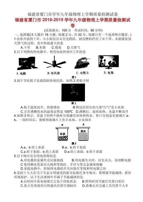 福建省厦门市学年九年级物理上学期质量检测试卷