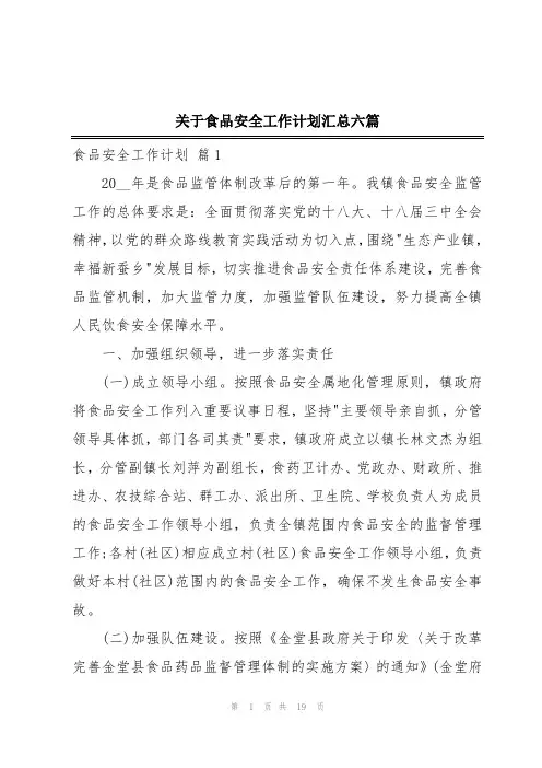 关于食品安全工作计划汇总六篇
