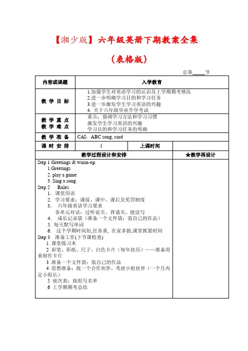 【湘少版】(三起)六年级英语下册(全册)教案