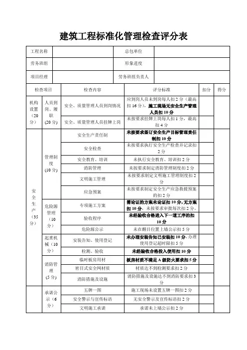 建筑工程标准化管理检查评分表