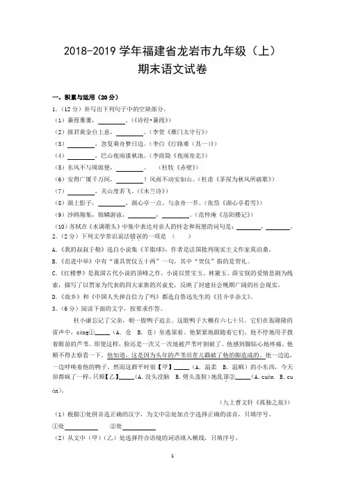 2018-2019学年福建省龙岩市九年级(上)期末语文试卷