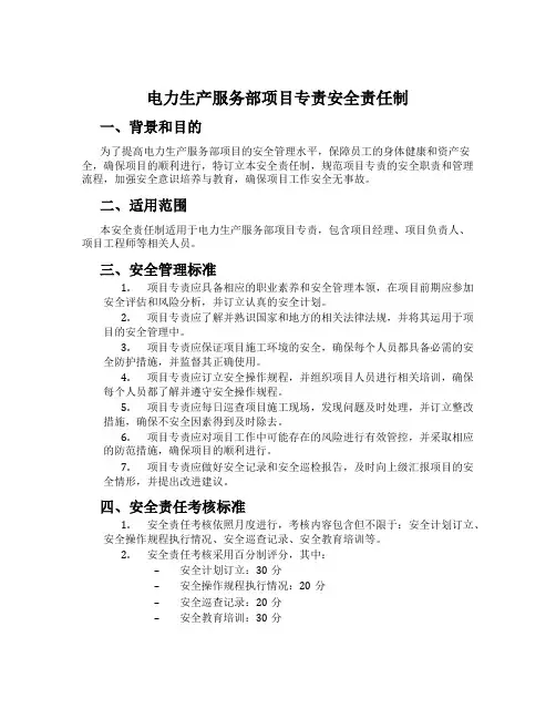 电力生产服务部项目专责安全责任制