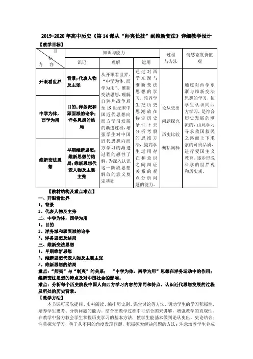 2019-2020年高中历史《第14课从“师夷长技”到维新变法》详细教学设计