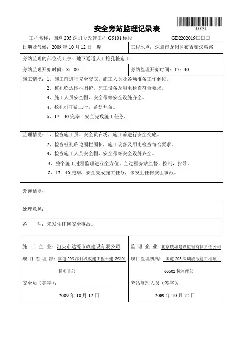 10.12挖孔桩安全旁站监理记录表 2