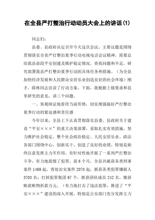 在全县严打整治行动动员大会上的讲话(1)