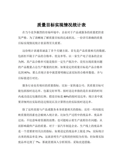 质量目标实现情况统计表