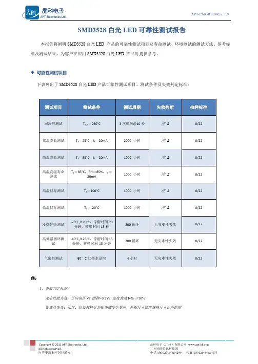 晶科电子SMD3528白光LED可靠性测试报告