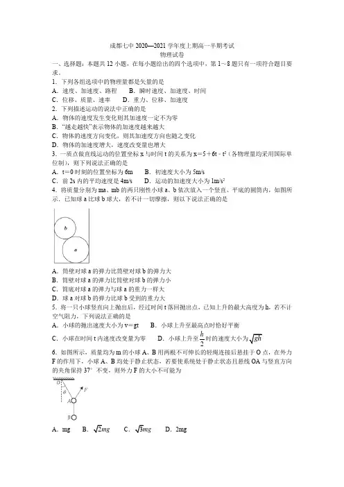 成都市第七中学2020-2021学年高一上学期期中考试物理试题-含答案