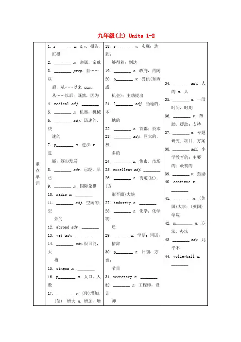 (衡阳专用)湖南省2017中考英语 第一部分 基础知识梳理 九上 Units 1-2试题