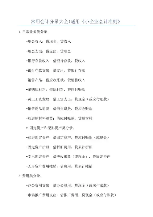 常用会计分录大全(适用《小企业会计准则》