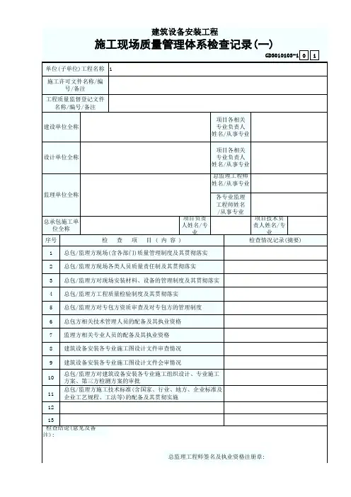 GD3010103-1建筑设备安装工程施工现场质量管理体系检查记录(一)