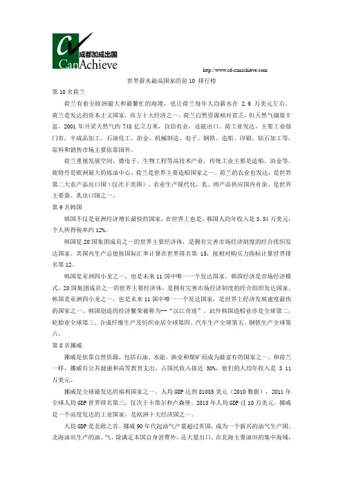 世界薪水前10排行榜