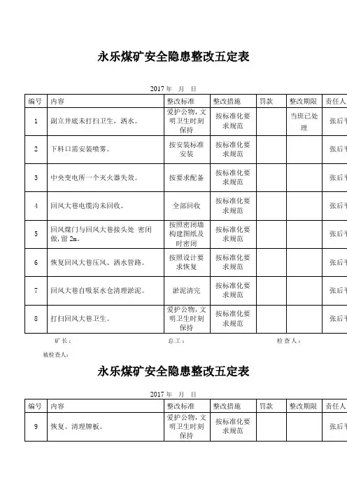 安全隐患整改五定表