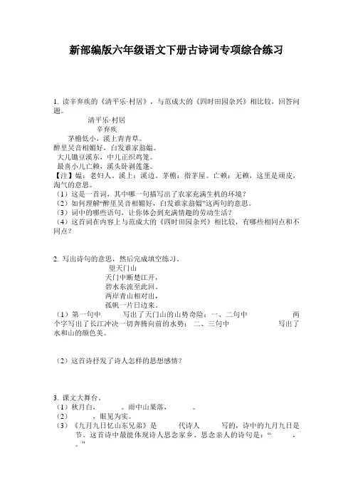新部编版六年级语文下册古诗词专项综合练习