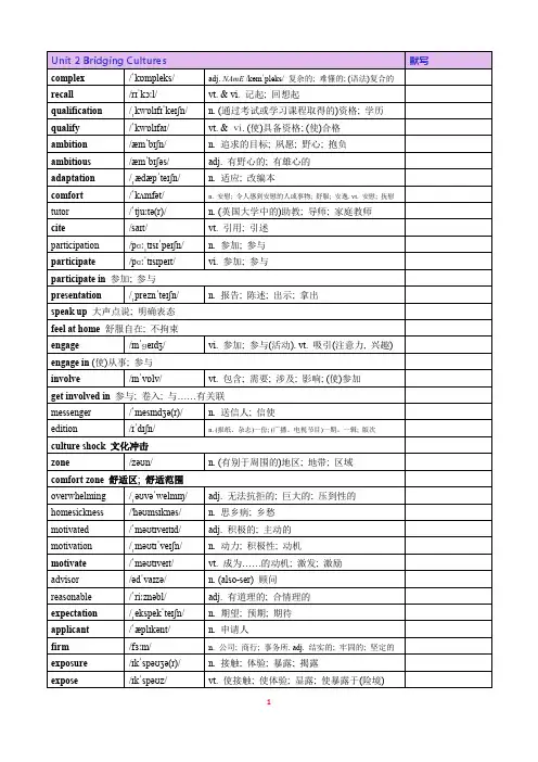 2019人教版高中英语选择性必修二UNIT 2 Bridging Cultures 单词表