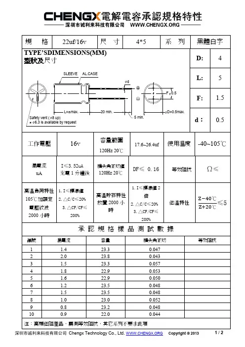 电解电容规格书22UF16V-4X5