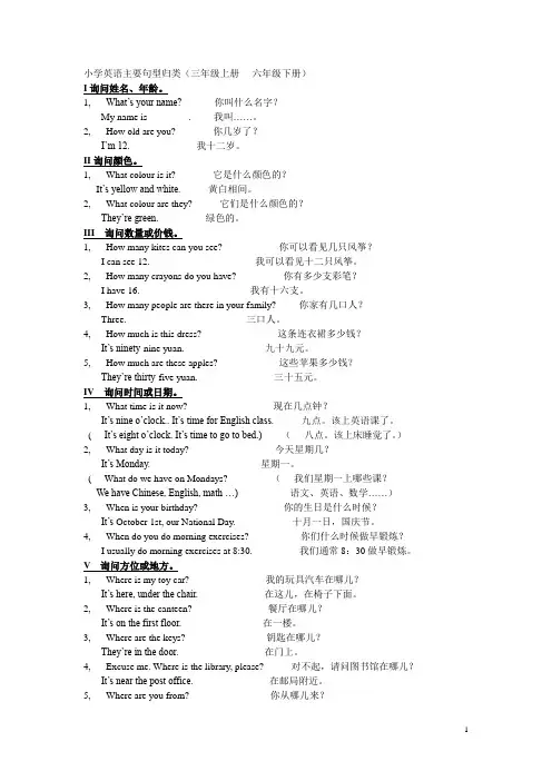 三到六年级英语句型汇总复习