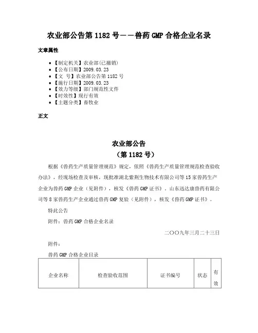 农业部公告第1182号――兽药GMP合格企业名录