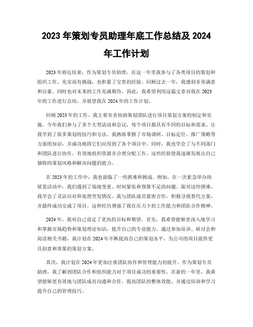 2023年策划专员助理年底工作总结及2024年工作计划