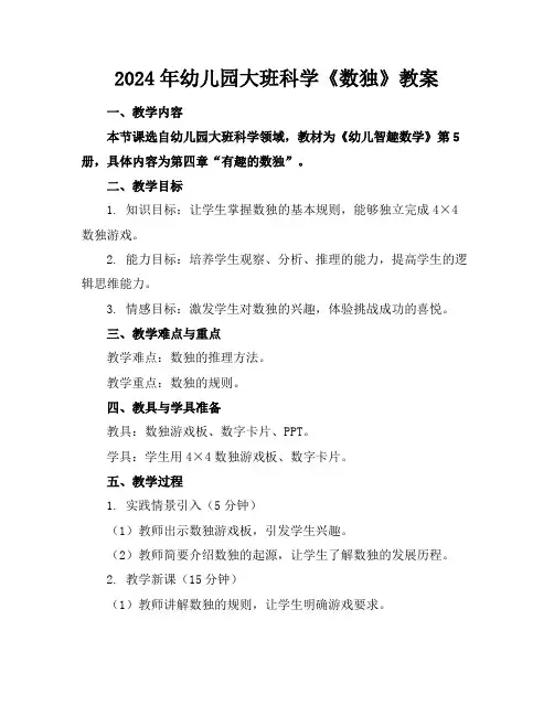 2024年幼儿园大班科学《数独》教案