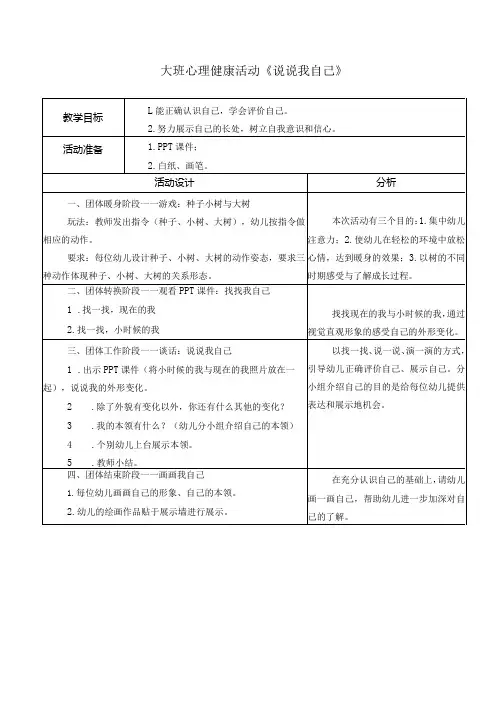 幼儿园：大班心理健康活动《说说我自己》