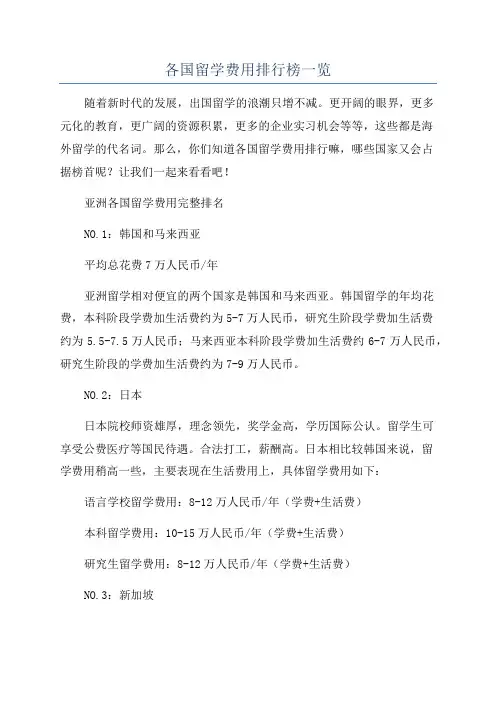 各国留学费用排行榜一览