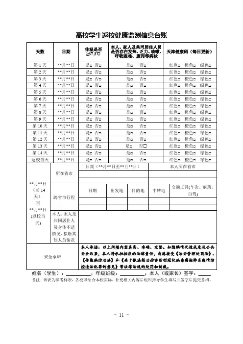 高校学生返校健康监测信息台账