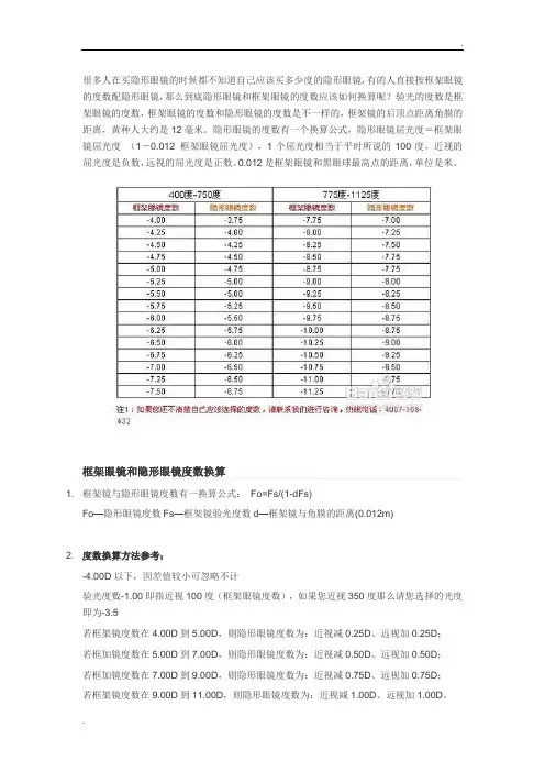 框架眼镜和隐形眼镜度数换算