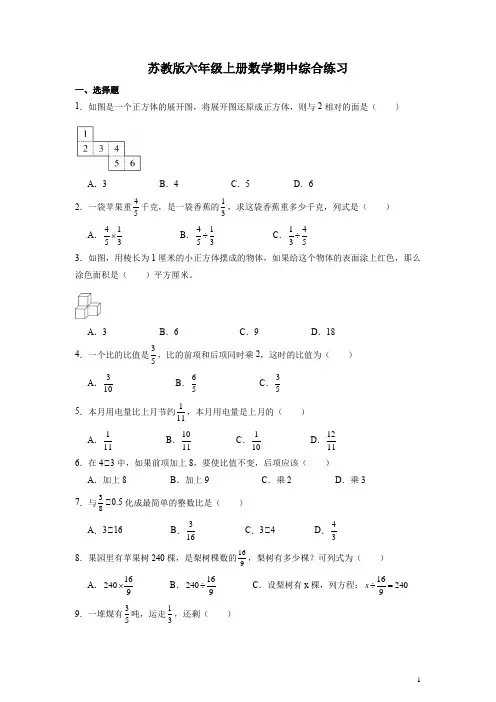 苏教版六年级上册数学期中综合练习(含答案)