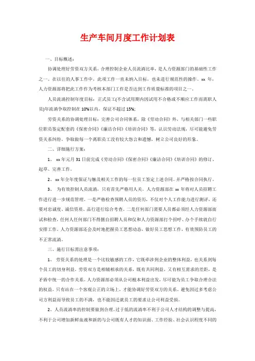 生产车间月度工作计划表
