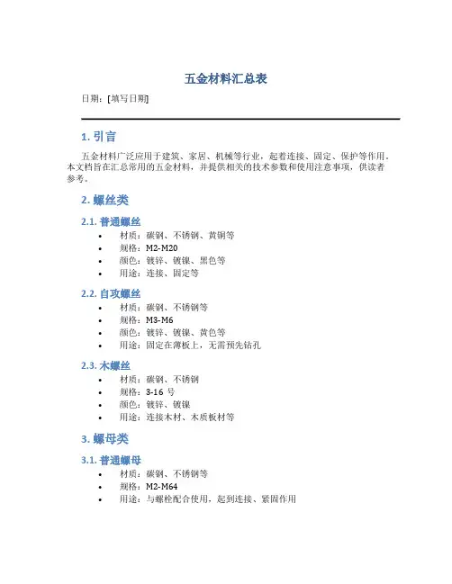 五金材料汇总表