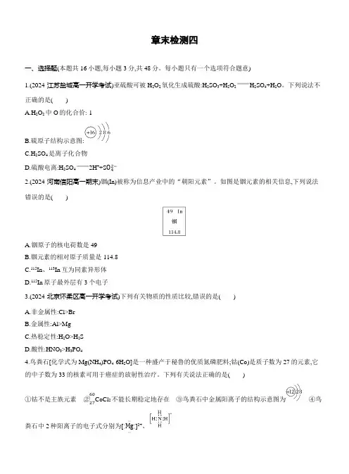 物质结构 元素周期律单元测试  2024-2025学年高一上学期化学人教版(2019)必修第一册