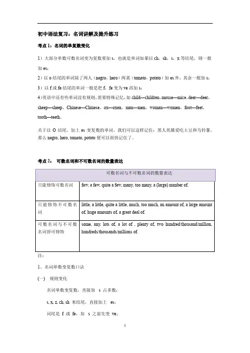 中考英语语法复习：名词讲解及提升练习(有答案)