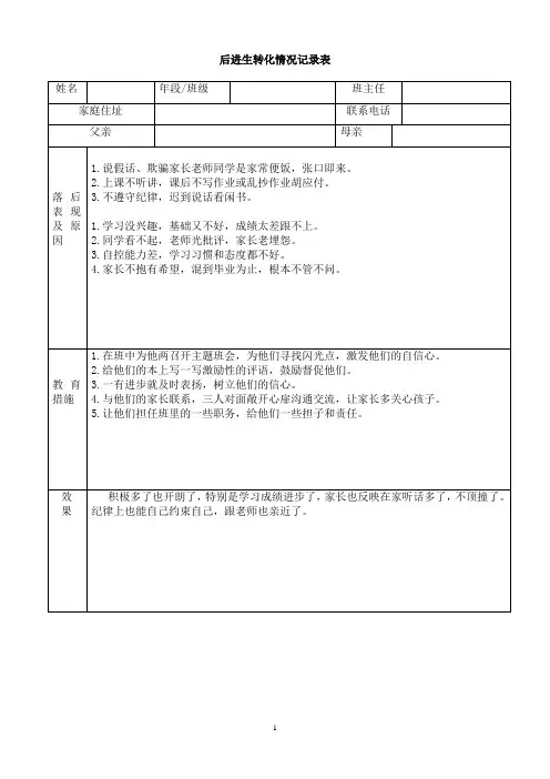 后进生转化情况表格及案例分析