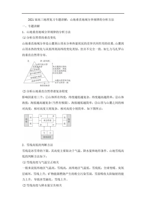 2021届高三地理复习专题讲解：山地垂直地域分异规律的分析方法