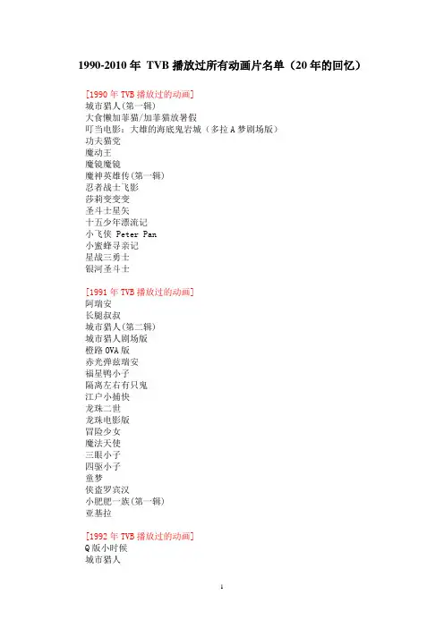1990-2010年TVB播放过所有动画片名单