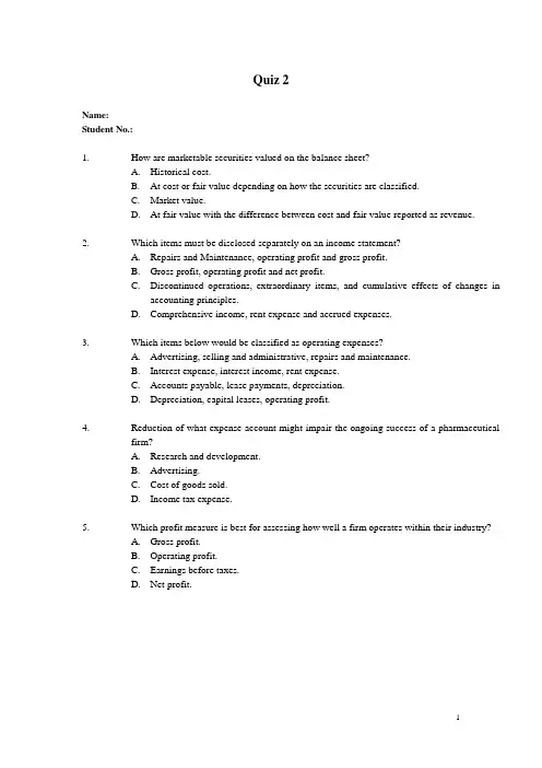 上海对外贸易学院财管中加财务报表分析(答案见其他word)quiz 2