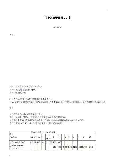 不同阀门的参考CV值